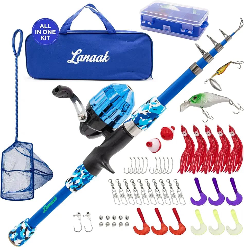 Lanaak Kids Fishing Pole, Kids Portable Telescopic Fishing Rod Set, Tackle Box and Fishing Net Combo Kit, Kids Fishing Gear for Boys and Girls Age 5-10 and Youth
