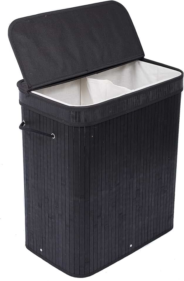 BIRDROCK HOME Double Laundry Hamper with Lid and Cloth Liner - Bamboo - Black - Easily Transport Laundry Basket - 2 Section Collapsible Hamper - String Handles