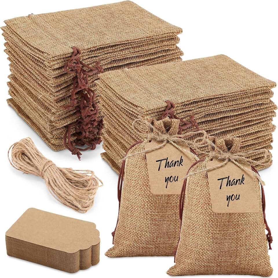 Woanger 100 Pcs Drawstring Burlap Gift Bags 4x6'' with Tags, Dark Brown