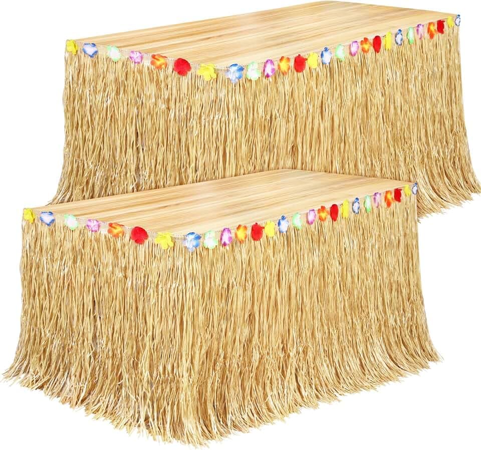 Fovths 2-Pack Luau Gras Tischrock Natürliche 9-Fuß x 29.5 Zoll Hawaii Tischrock für Tropische Hawaii Party Dekorationen Luau Party Kostüm Party, Stroh Gelb