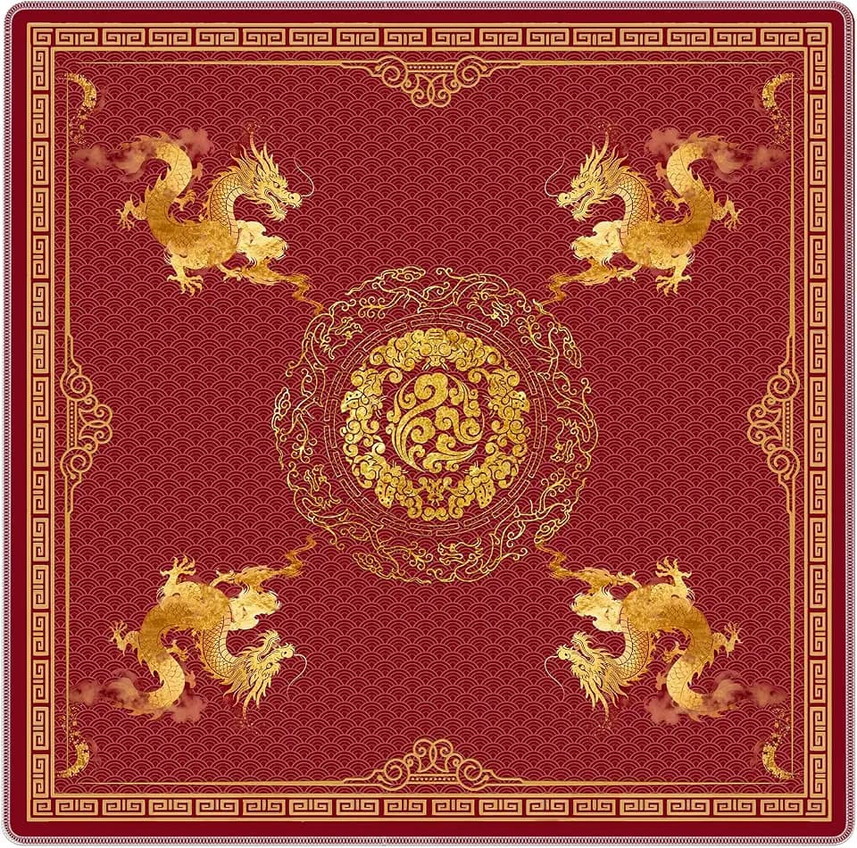 Red and Gold Chinese Dragon Mahjong Mat for Table 31.5x31.5 in, Traditional Red Chinoiserie Mahjong Table Mat Cover Anti Slip Noise Reduction for Mah Jong Card Board Tile Games