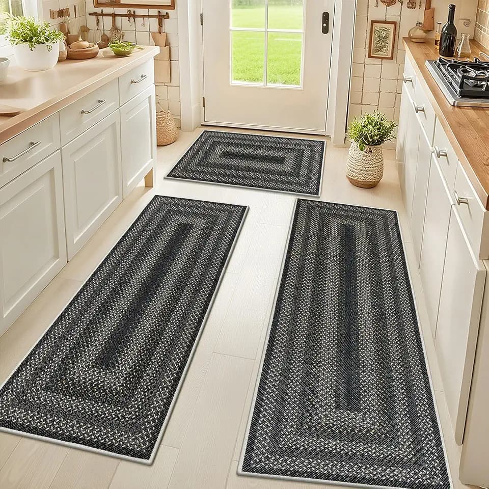 HEBE Faux Jute Kitchen Rugs Set of 3, Washable Kitchen Mats for Floor
