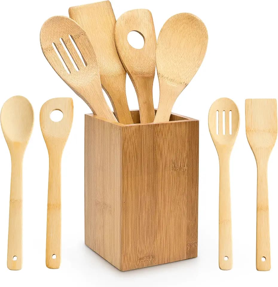Relaxdays Kochlöffelset Bambus 5-teilig, je 30 cm, Holzlöffel, natur