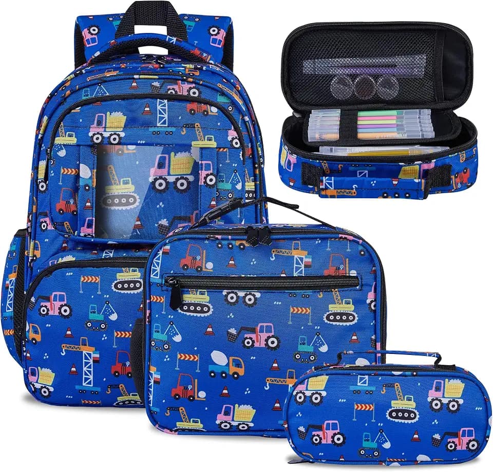 Kids Backpack for Boys, 3Pcs Waterproof Toddler Backpacks with Lunch Box & Pencil Pouch - Lightweight School Backpack Blue Bookbag for Ages 3+ Elementary Middle School Teens - Construction Trucks