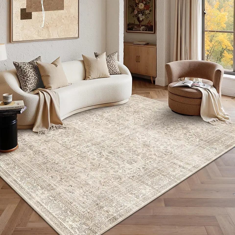 Schweek 5x7 Washable Area Rug Vintage Neutral Beige Rugs for Living Room