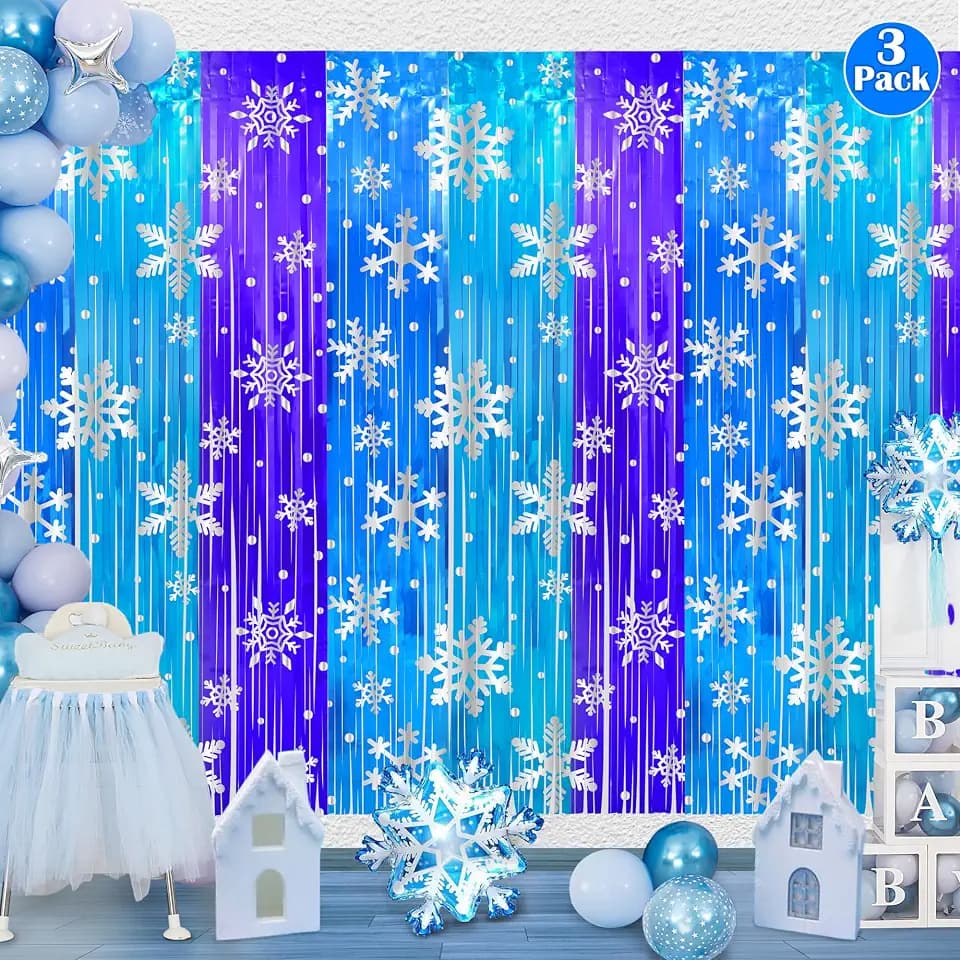 3 Pack Birthday Party Decorations Snowflake Tinsel Foil Fringe Curtains for Kids Frozen Birthday Backdrop Winter Christmas Holidays Photo Booth Prop Backdrop Streamer 3.3x6.6ft