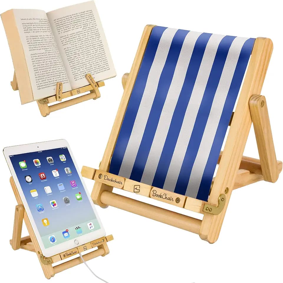 Bookchair Medium Blau-Weiß gestreift - Buchständer - Tablethalter aus Holz: Leseständer für Bücher, E-Reader und Tablets: Ideal für Schule & Studium, für Jung & Alt