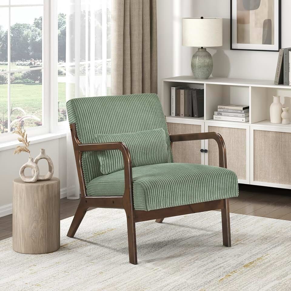 Lexicon Mid Century Modern Accent Chair-with Solid Wood Armrests and Legs, 1 Lumbar Pillow, Cushioned Seat and Backrest, Corduroy Comfy Lounge Arm Chair for Living Room, Bedroom, Office, Green
