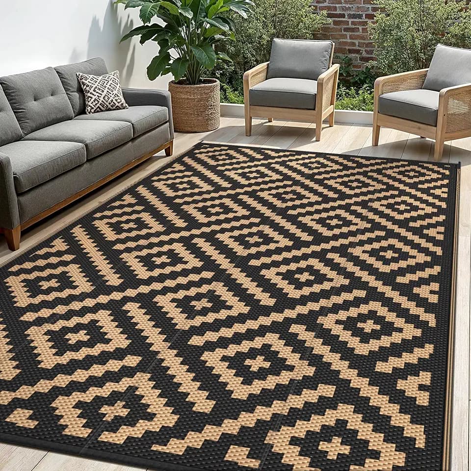 sarben Outdoor Rug, Waterproof Plastic Rugs for Patio, 5'x8' Black Brown
