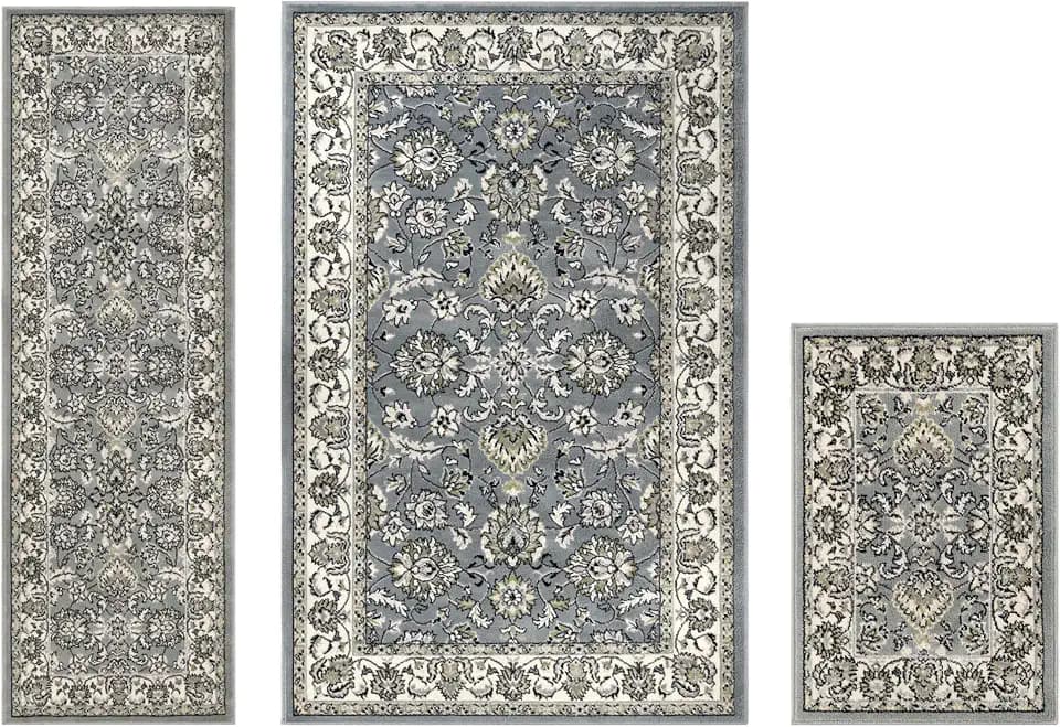 SUPERIOR Lille 3 Piece Indoor Area Rug Set, Jute Backing, Oriental Floral Decor for Hallway, Entry, Office, Kitchen, Bedroom, Living Room Floors, Plush Rugs, 2' x 3', 2' 7" x 8', 5' x 8', Cream