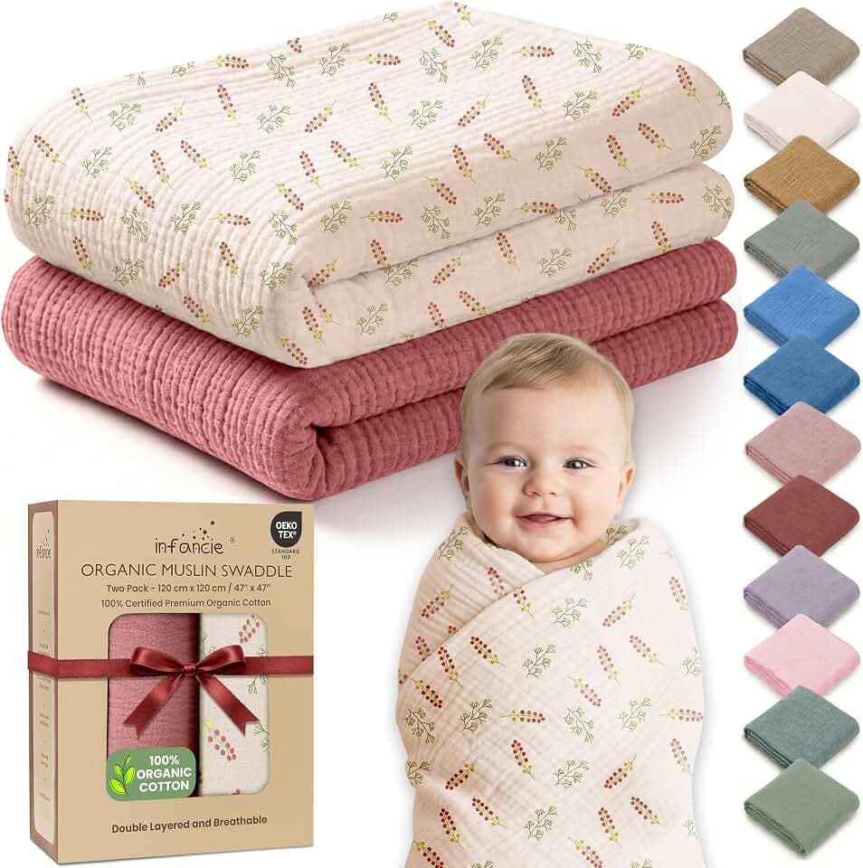 Baby-Musselin-Decke aus Bio-Baumwolle, 119,2 x 119,2 cm, atmungsaktiv, hypoallergen, doppellagig, vielseitig verwendbar (Blumenrosa, 119,2 x 119,4 cm)