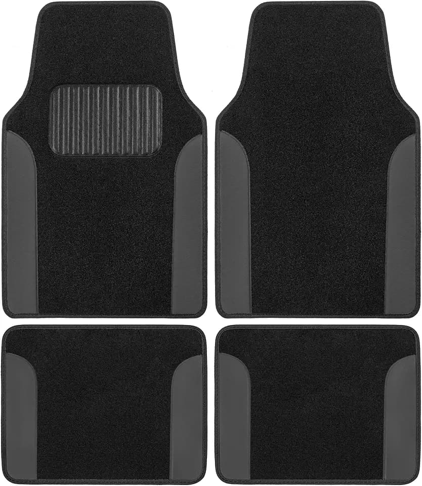 BDK Floor Mats for Cars, Two-Tone Carpet Car Floor Mats with Faux Leather Accents, Automotive Floor Mat Set with Built-In Heel Pad, Stylish Interior Car Accessories (Gray)