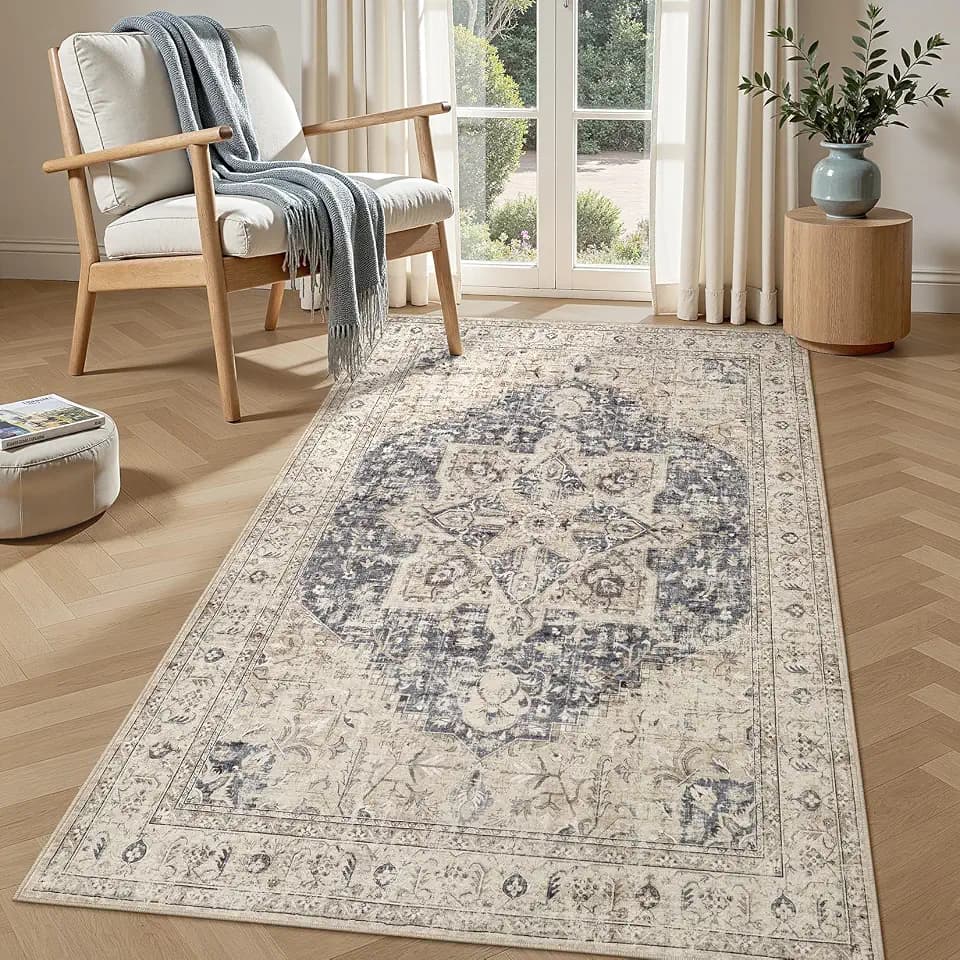 Tortania Area Rug Living Room Rugs - 3x5 Washable Rug Vintage Oriental Distressed Farmhouse Small Thin Indoor Carpet for Living Room Bedroom Under Dining Table Home Office - Cream Blue