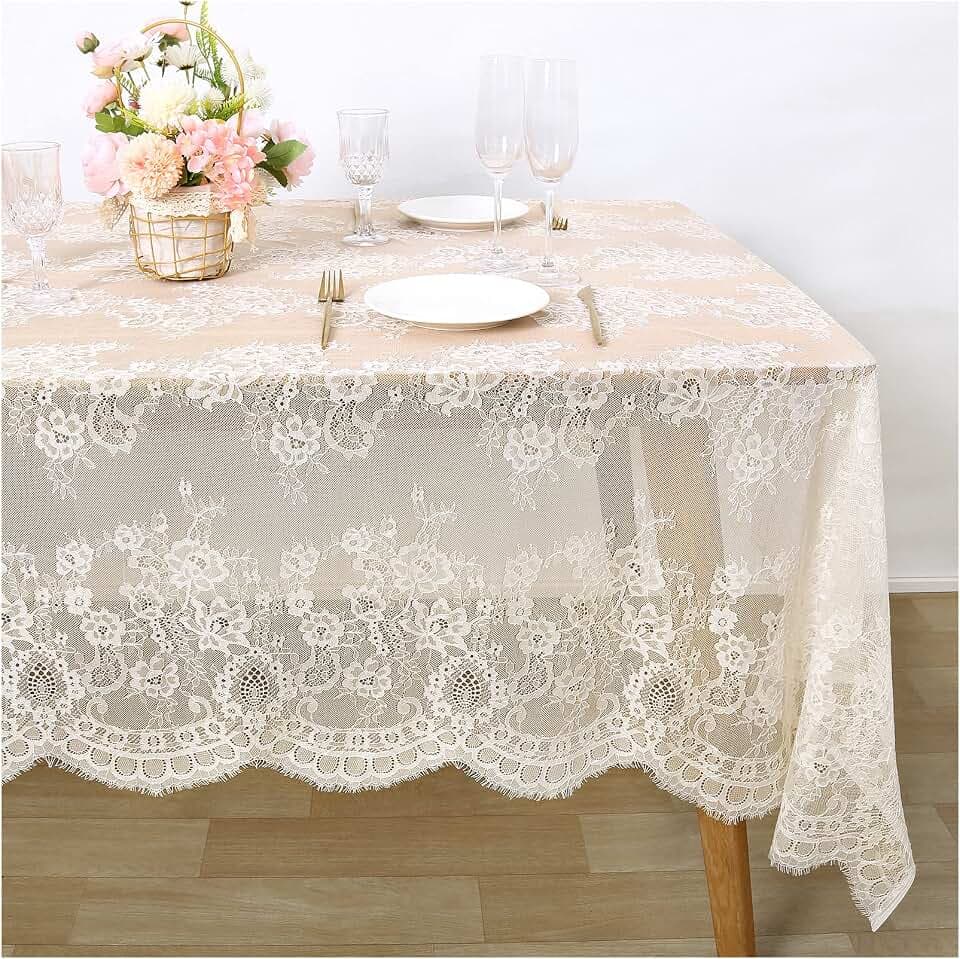 Fanqisi Ivory Lace Tablecloth 60x120 Inches Classic Wedding Lace Tablecloths Overlay Party Table Cover for Bridal Shower Reception Table Decoration