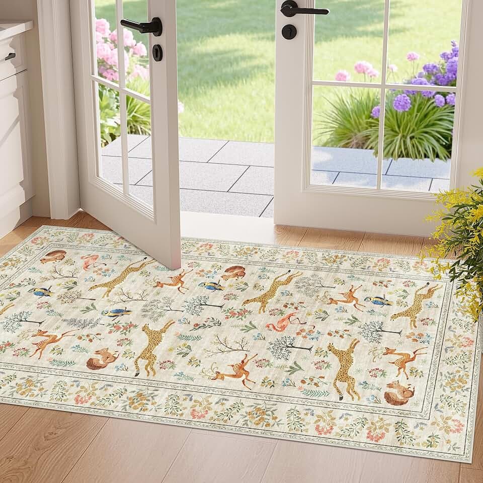 DUKINO 2x4 Rug for Entryway, Animal Washable Runner Rug for Kitchen, Beige