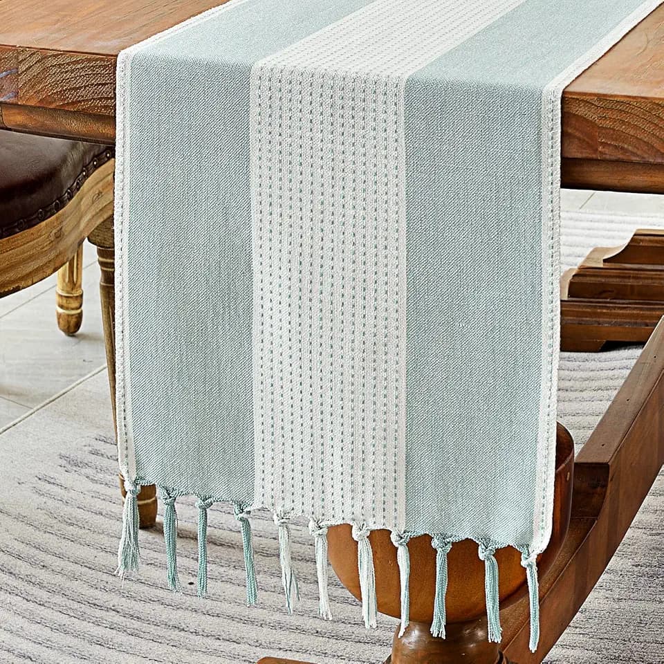 Wracra Linen Table Runner, Stripe Table Runners 90 Inches Long Aque Blue