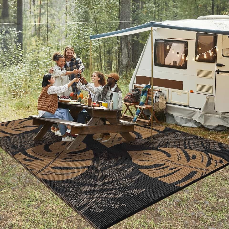 Waterproof 9x18 Outdoor Rug for Patio Reversible Plastic Straw Rug Floral Camping Carpet with Carry Bag, Stain & UV Resistant Portable RV Carpet for Camper Deck Balcony Porch Beach Picnic,Brown