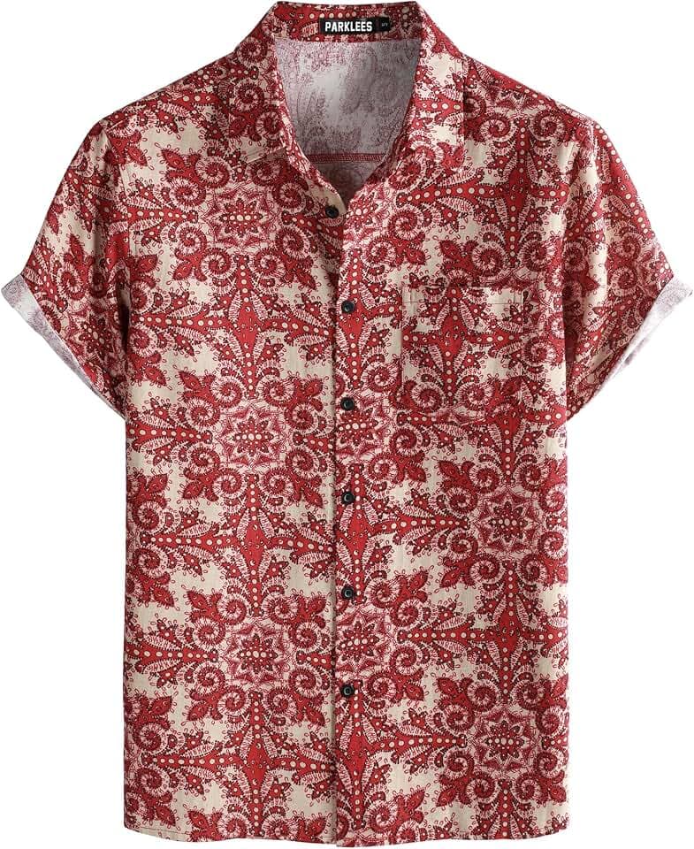 PARKLEES Herrenhemd aus Baumwollleinen, 70er-Jahre-Stil, Vintage-Muster, lässig, kurzärmelig, Retro-Shirt