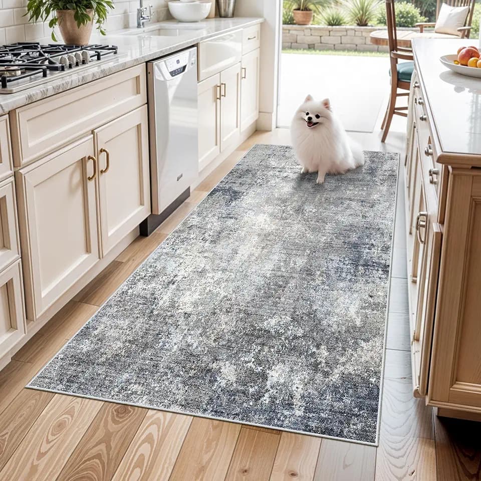 4x5 Washable Entryway Rug – Non-Slip Modern Abstract Indoor Area Rug for Bathroom Kitchen Living Room Bedroom – Low Pile Thin Soft Small Throw Carpet (Blue Grey,4x5)