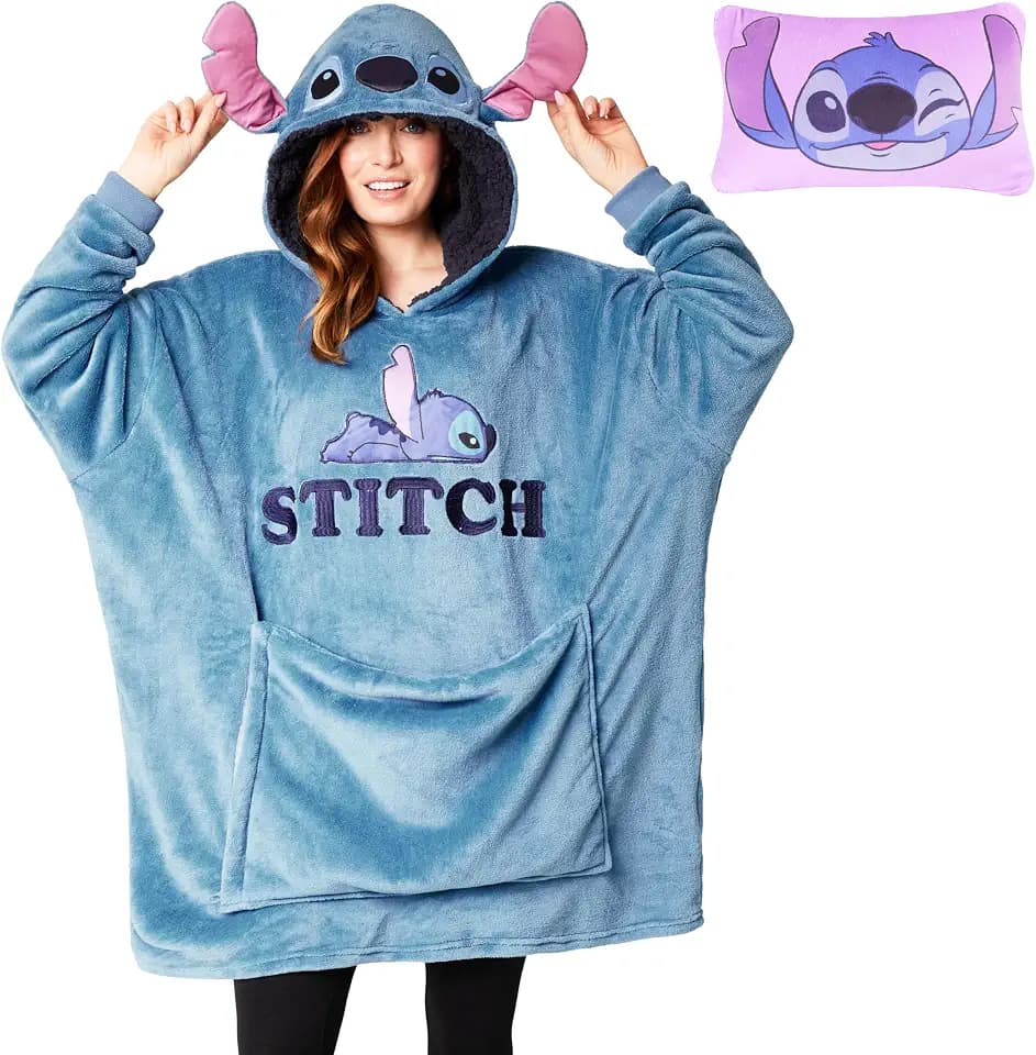 Disney Stitch Damen Hoodie Decke mit Ärmeln - 2-in-1 - Oversized Kapuzenpullover Fleece Tragbare Decken für Teenager