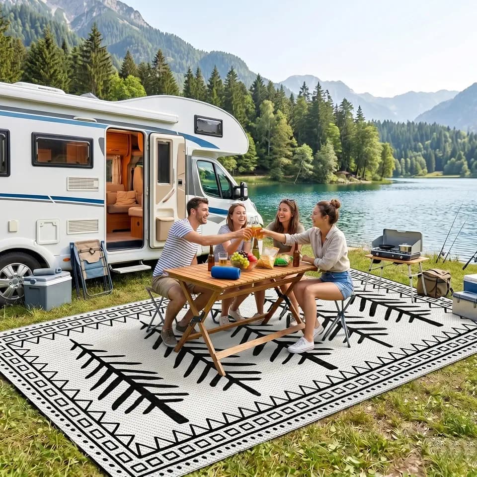 RV Outdoor Rug 9x18 UV Resistant Reverisble Patio Rug Mat with 4 Stakes