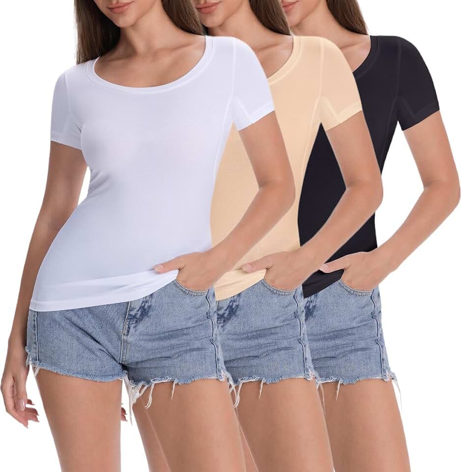 Women’s Sweatproof Undershirt – Scoop Neck Short Sleeve T-Shirt, Slim Fit with Built-in Underarm Sweat Pads