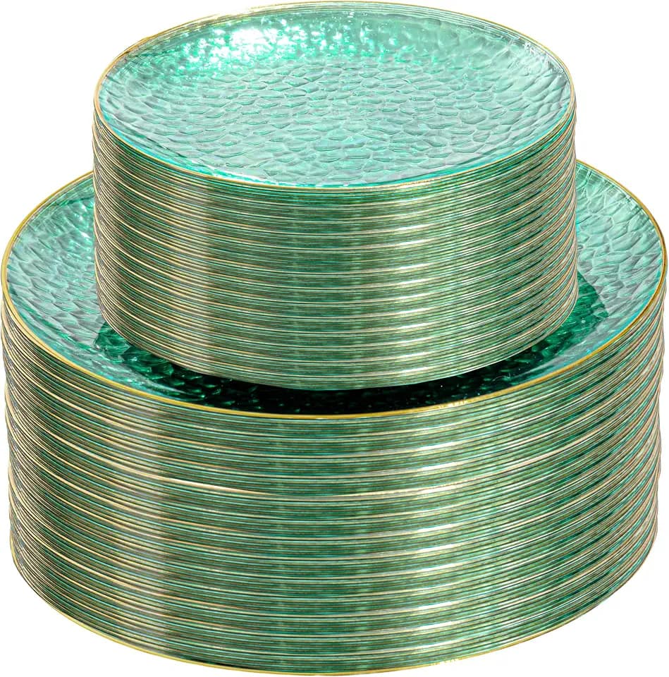 SUT 100Pcs Green Plastic Plates, Hammered Plates Disposable Heavy Duty, Green Disposable Plates With Gold Rim, Fancy Plastic plates Include 50 Dinner plate and 50 Dessert plate for Wedding