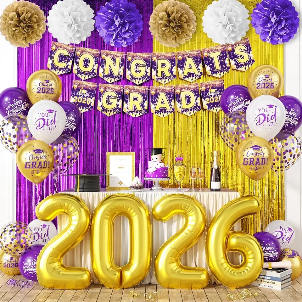 Graduation Decorations 2026, Purple Gold Graduation Balloons, Gold Number Balloons, Purple Congrats Grad Banner, Paper Flowers & Curtains, Graduation Party Supplies for Grad Party Decor Class of 2026