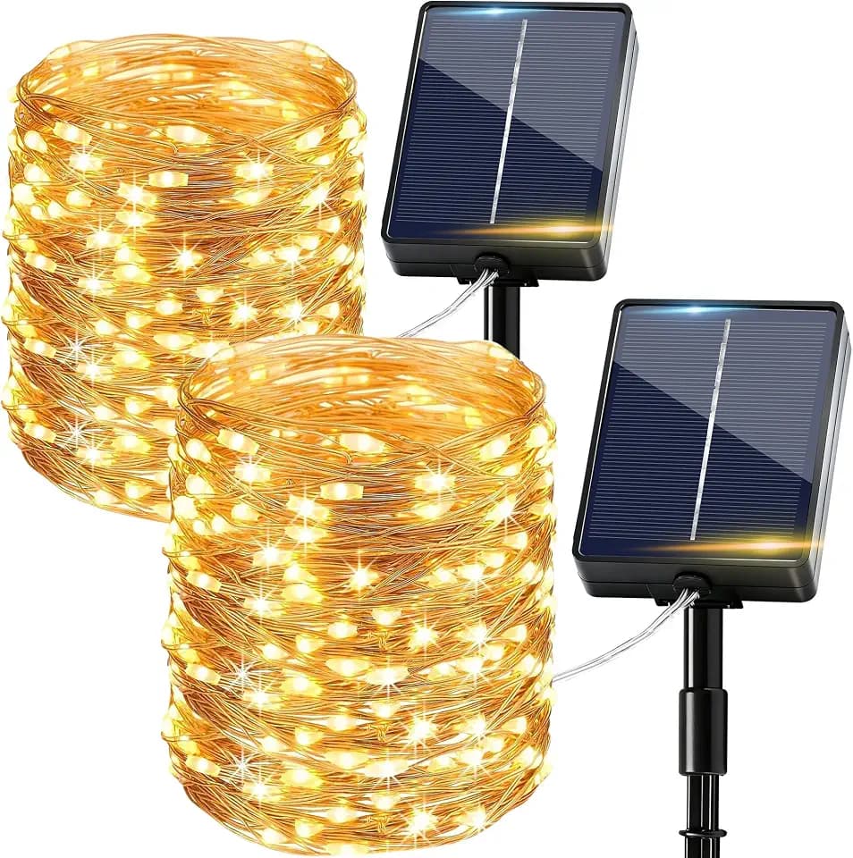 Solar Lichterkette Aussen 2 Stück, 15M 150 Warmweiß LEDs, Lichterkette Außen Solar 8 Modi IP65 Wasserdicht Kupferdraht, Hell Solarlichterkette Outdoor für Garten Zaun Baum Hof Terrasse Balkon Deko