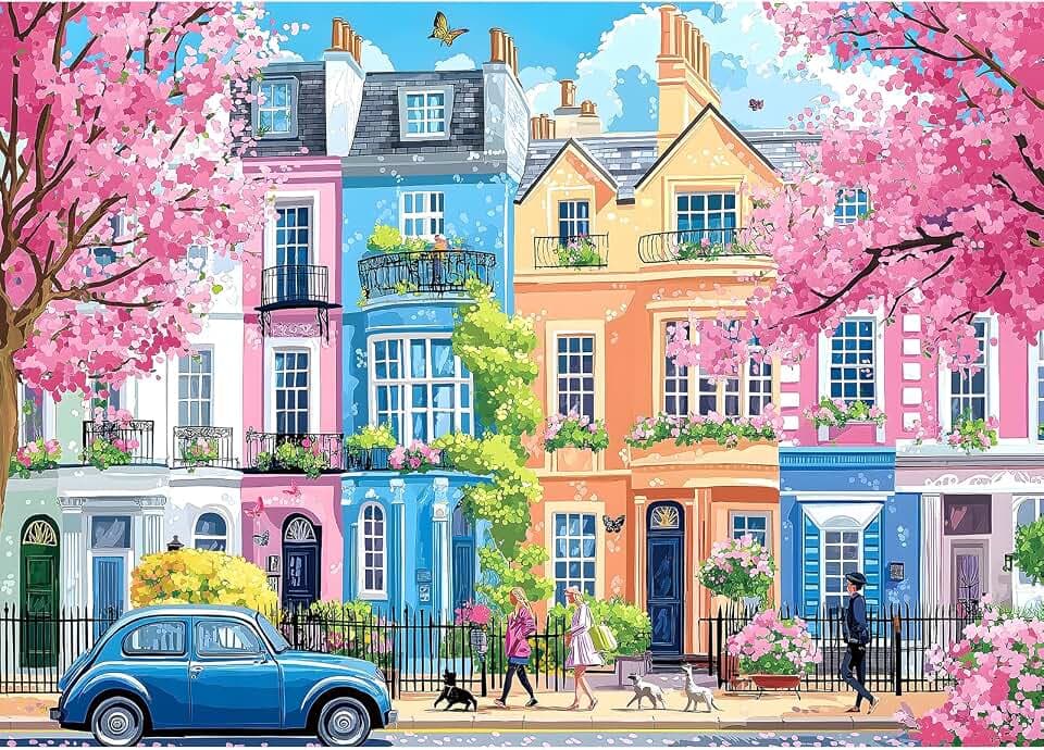 Spring Sakura Blossom Street 1000 Piece Puzzles for Adults, Clearance Impossible Challenge Art Jigsaw Puzzles, for Gift Birthday Party Games Family, 27.5X19.7 Inch Dust Free Puzzle