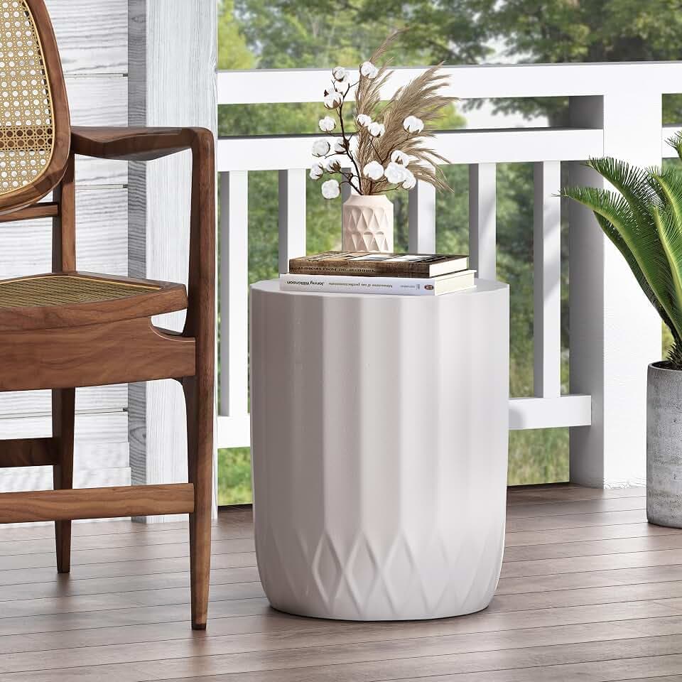 Merax Round Cylindrical End Table 15" Dx18.5 H Outdoor Patio Lightweight Concrete Side Table Modern Aesthetic Accent Table, Antique White