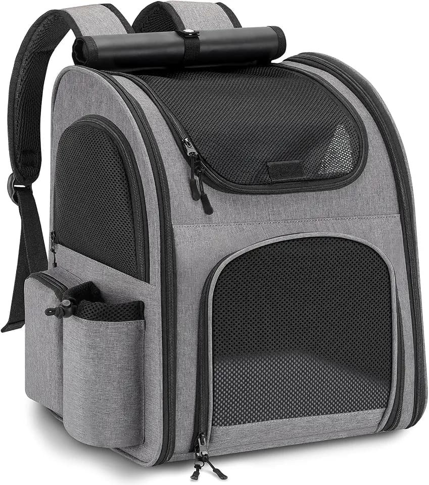Hunderucksack bis 10kg, Katzenrucksack Hunde Rucksack, Grau | Netzfenster, Faltbar, Atmungsaktiv und Leicht, Innere Sicherheitsleine und Haustiermatte, Dog Cat Backpack bis 10kg