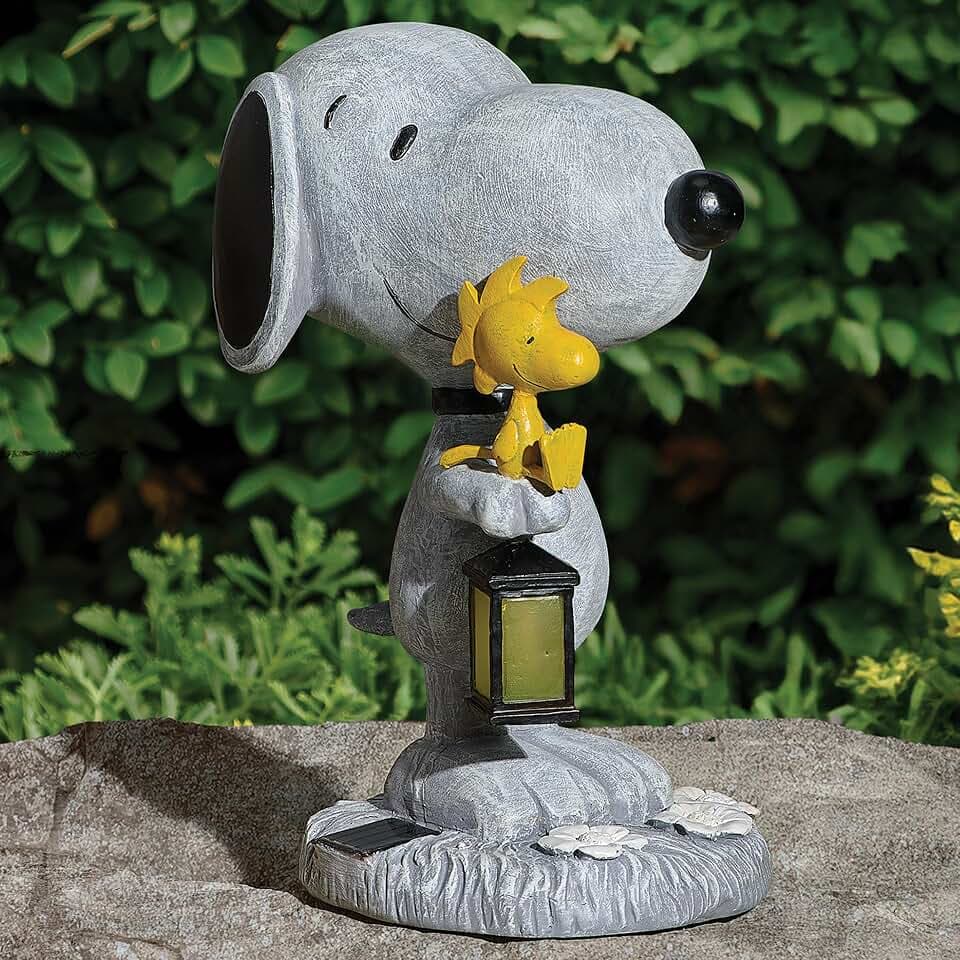 Roman 10.25" LED Solar Snoopy Garden Statue – Outdoor Peanuts Yard Décor with Woodstock & Lantern Light