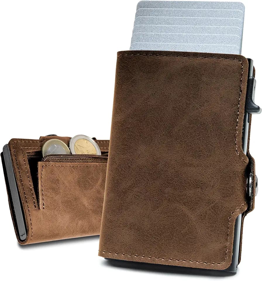 slimfin® Slim Wallet mit Münzfach - Kartenetui - Geldbeutel Herren - Geldbörse - Portemonnaie - Portmonee - Card Holder klein/Mini mit RFID Schutz - Braun