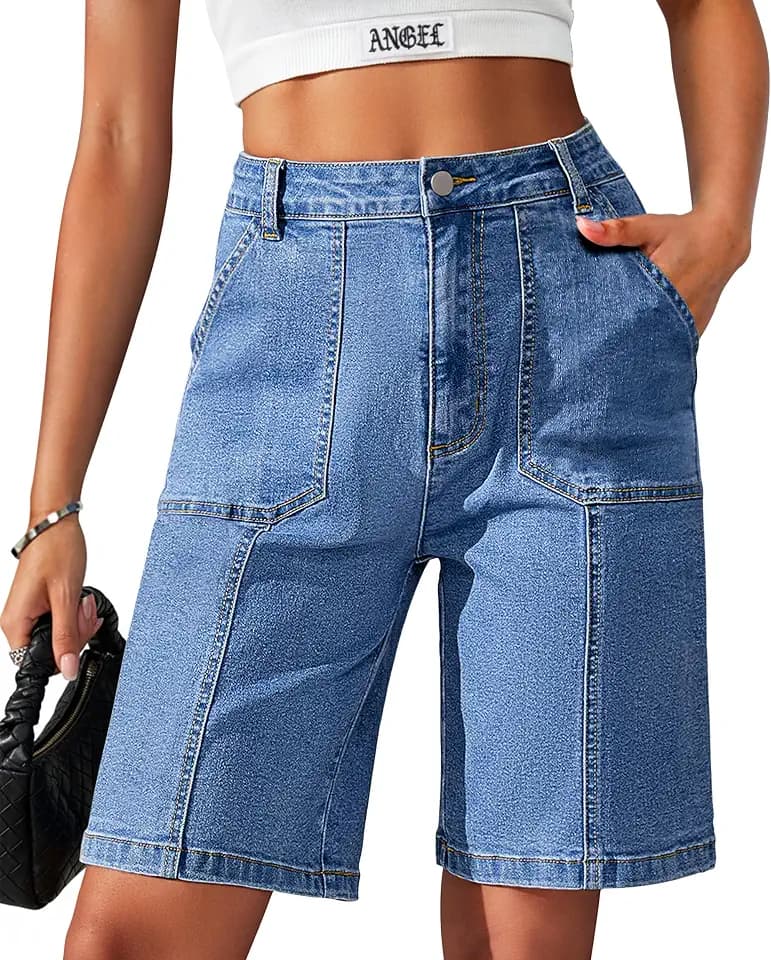 Eddoyee Bermuda Shorts for Women Long Knee Length Jean Shorts Denim Stretchy Cotton Jorts with Pockets Casual Relaxed Fit