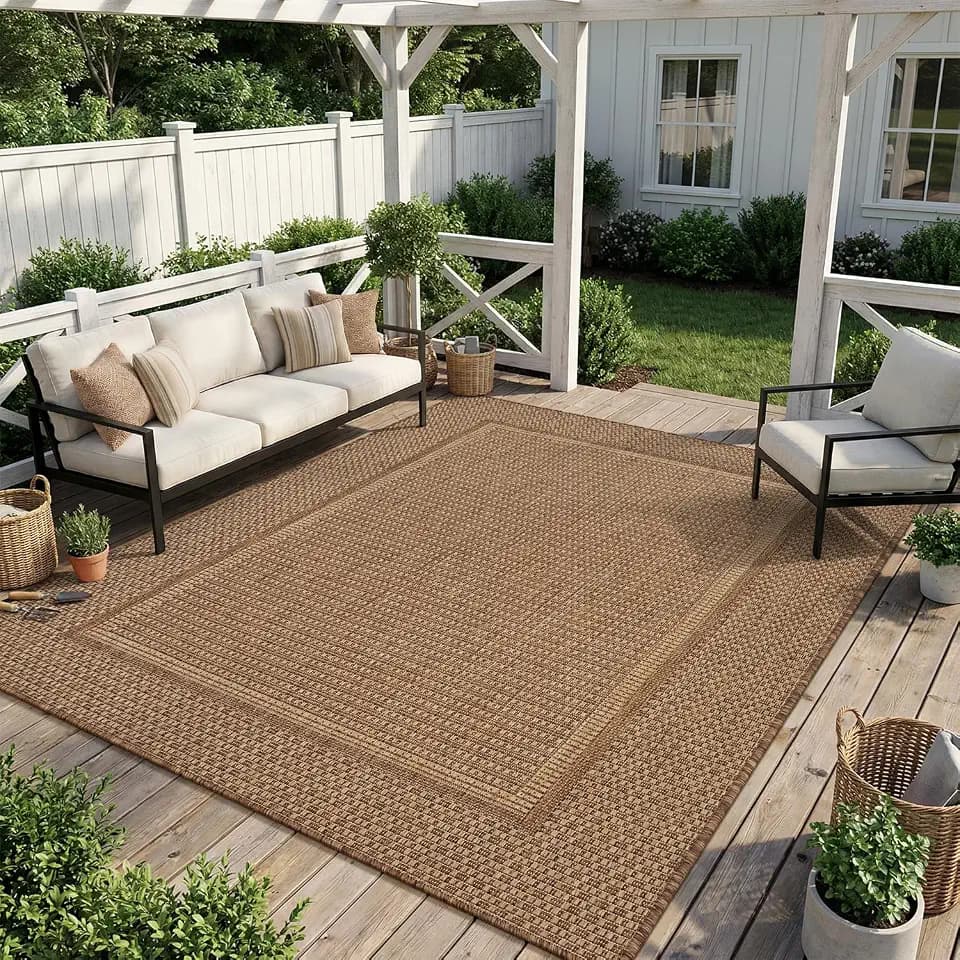 MontVoo-Outdoor Rug-Patio Rug 5x7 ft Polypropylene Indoor Outdoor Rugs Outdoor Carpet for Patio Deck Balcony Porch, Textured Weave, Durable for High Traffic, Fade-Resistant, Modern Neutral Brown