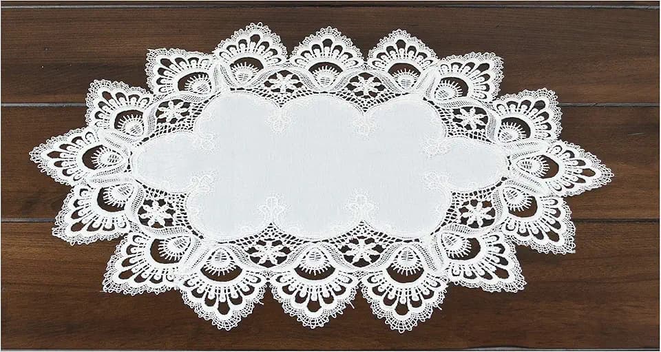 LINENS Art and Things Lace Placemat White Antique European Peacock Tail Jacquard Fabric Doily End Table Cover Dresser Scarf (13Wx20L)