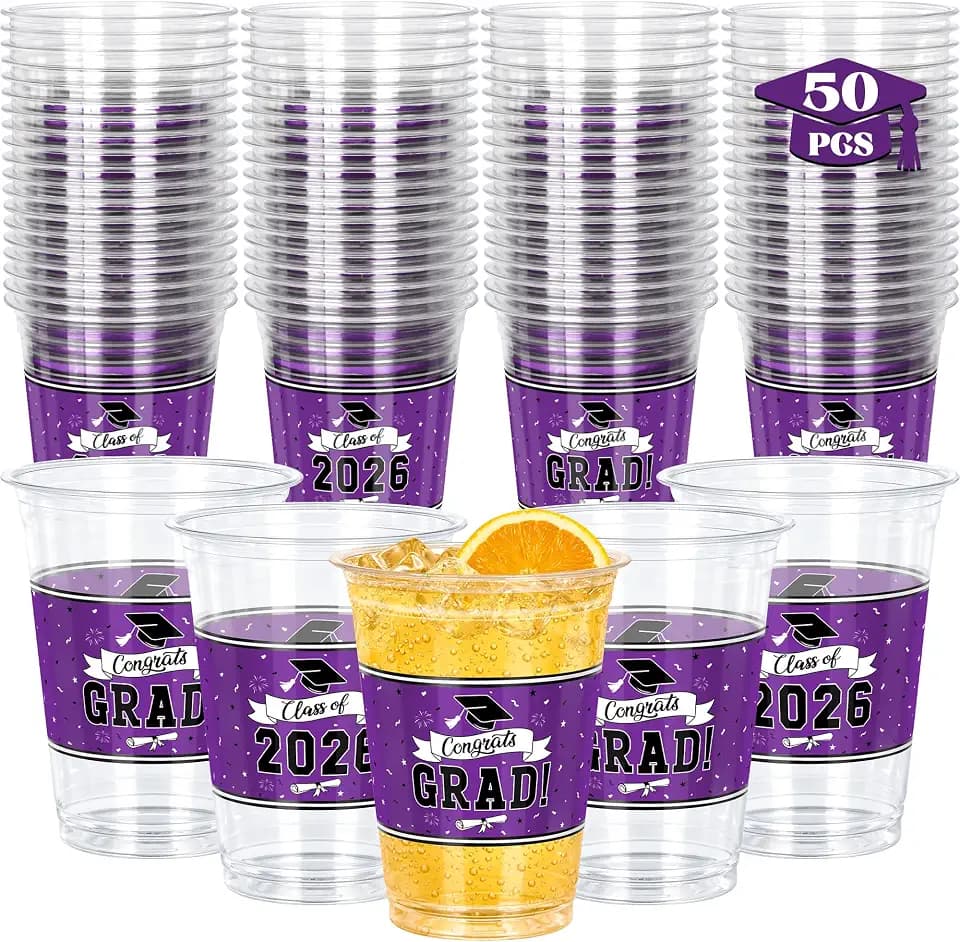 50 PCS 2026 Graduation Cups, 14 OZ Purple Grad Decorations, Disposable Plastic Cup Bulk for Class of 2026 Congrats Grad, Grad Cups Tableware for Hot Cold Drinks High School College Party Supplies