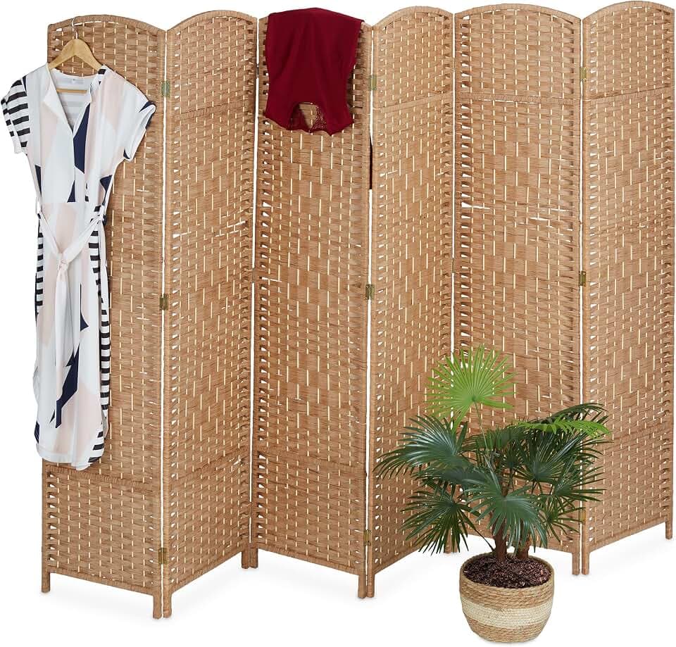 Relaxdays Paravent, 6-teilig, Raumtrenner faltbar, HxB 170x241 cm, Sichtschutz innen, Holz, Papierseil, Trennwand, Natur