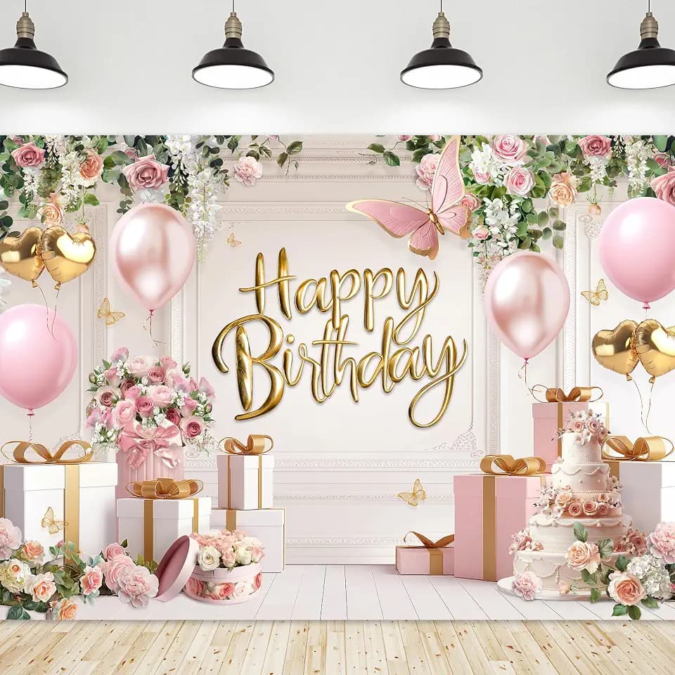 Happy Women Pink Flowers Balloons Floral Photography Backdrop