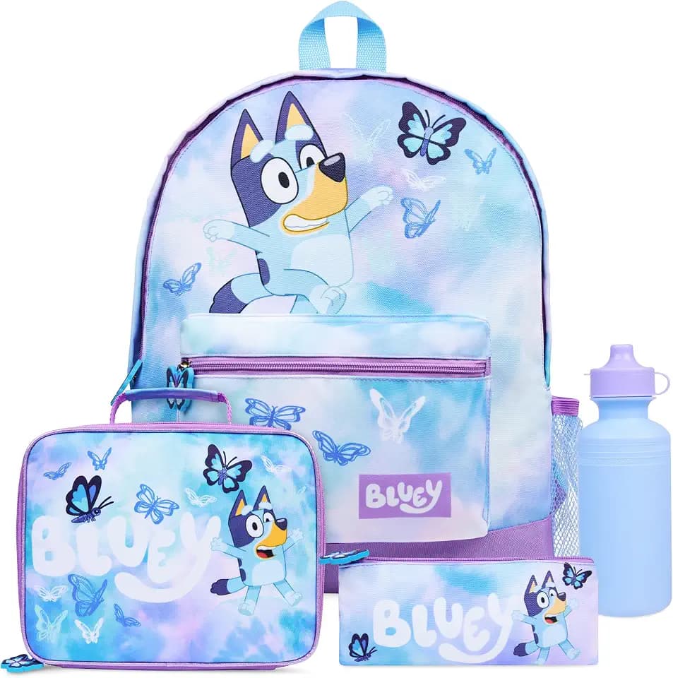Bluey Backpack Set 4 Pcs with Water Bottle Pencil Case Modern Lunch Bag or Sports Gym Drawstring Bag Gifts for Kids Butterfly