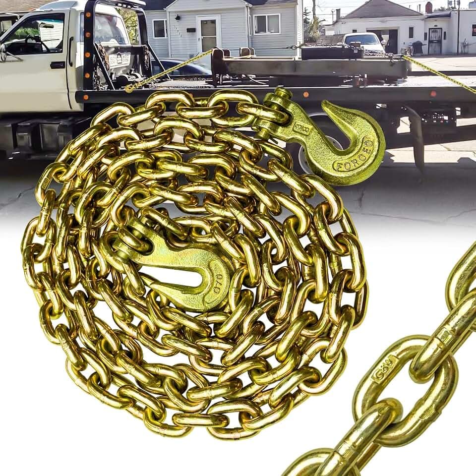 G80 Transport Binder Chain 3/8 Inch x 10 Foot | Tow Chain with Clevis Grab Hooks | 7,100 lbs Safe Working Load | Heavy Duty Chain for Transporting Towing (3/8'' x 10FT (Yellow Zinc))