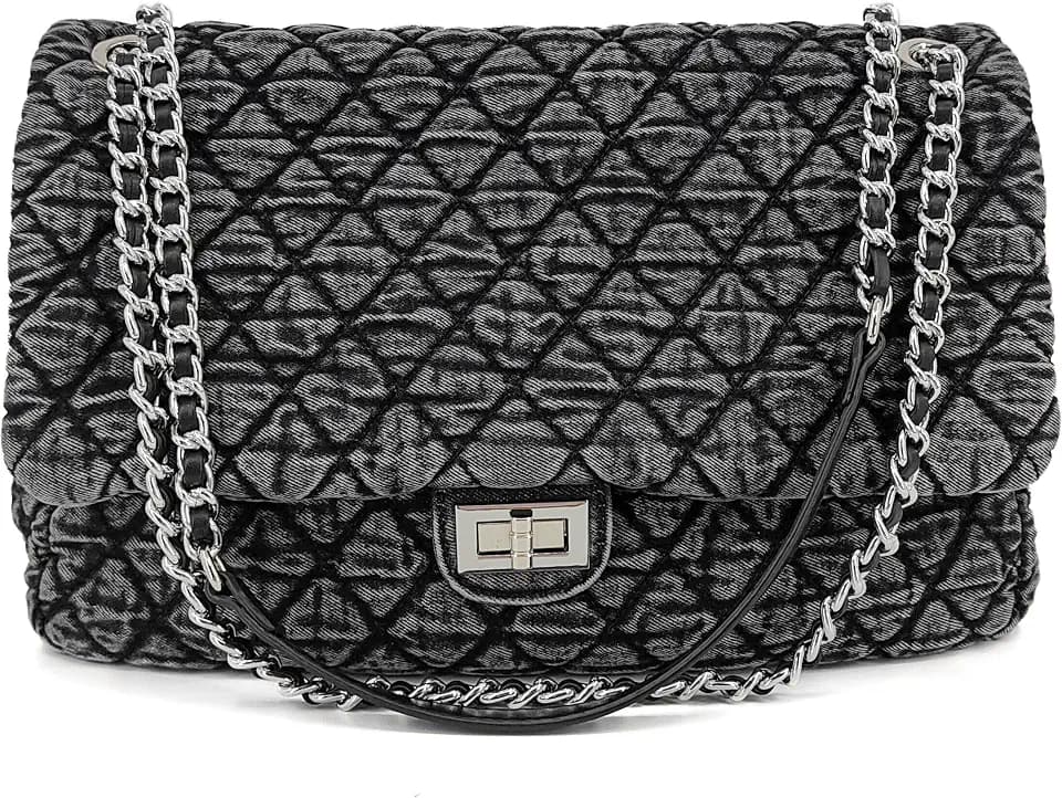M-ioi-M Large Vintage Washed Denim Quilted Shoulder Hobo Bag for Women