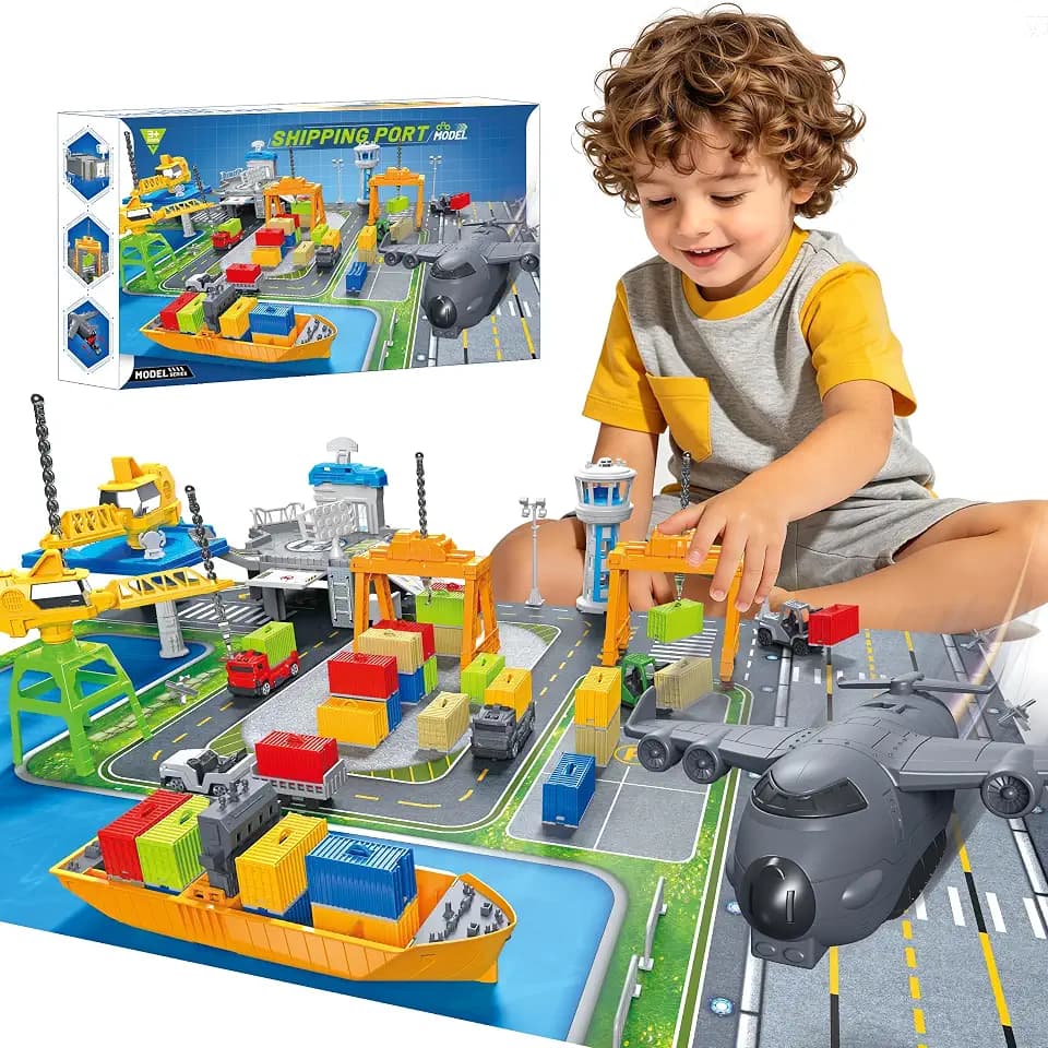 XDUOYJOY Airplane Toy & Cargo Ship, Boat Toys and Gantry Crane Playset
