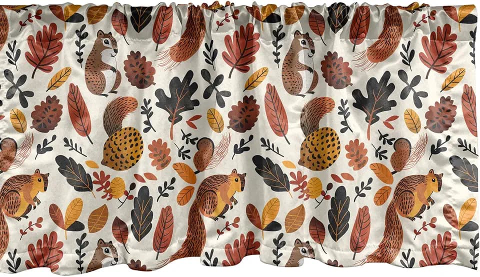 Lunarable Fall Window Valance, Vintage Autumnal Countryside Vibe Squirrels and Leaves Illustration, Curtain Valance for Kitchen Bedroom Decor with Rod Pocket, 54" X 12", Cocoa Amber and Off White