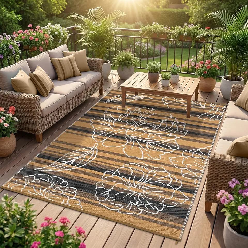 Garvee 6x9 Outdoor Waterproof Rug, Floral Outdoor Area Rug，Reversible Plastic Straw Patio Rug, Portable Camping Mat for RV, Picnic, Beach, Balcony, Garden & Camping Black&Brown