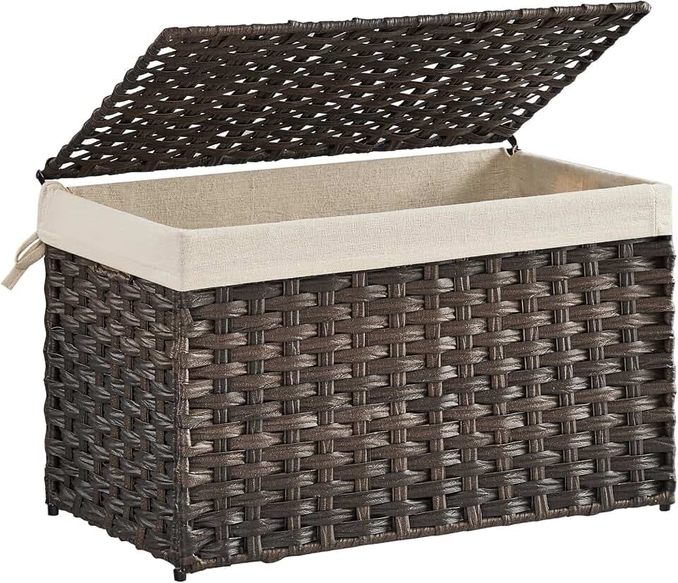 SONGMICS Woven Storage Basket with Lid, 17.2 Gallon (65L), Foldable