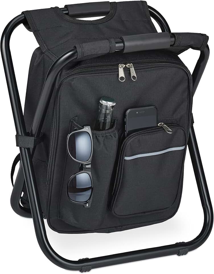Relaxdays Campinghocker mit Tasche, klappbar, tragbar, leicht, schwarz | stabil, HBT 42x35x29 cm, Sitzrucksack, Polyester