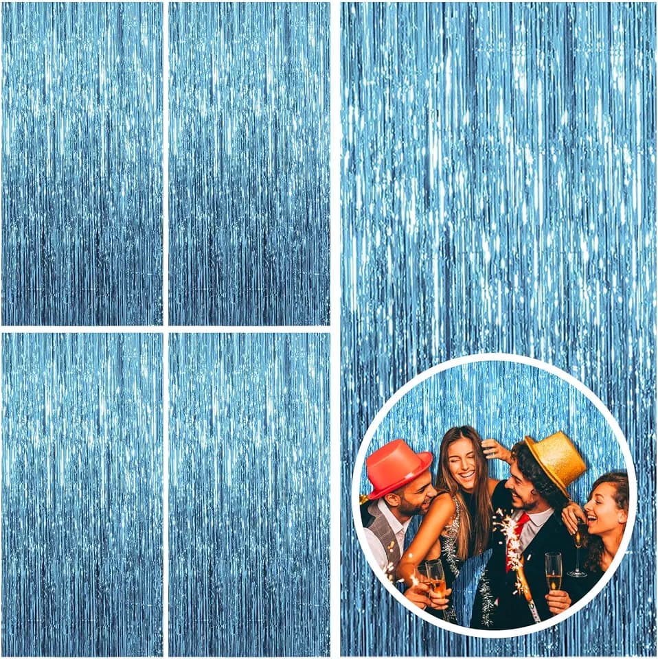 5 Pack Blue Backdrop Curtain Tinsel Streamers Ocean Themed Decor Birthday Party Decorations Foil Fringe Backdrop Graduation Baby Shower Bachelorette Winter Party Decorations Supplies