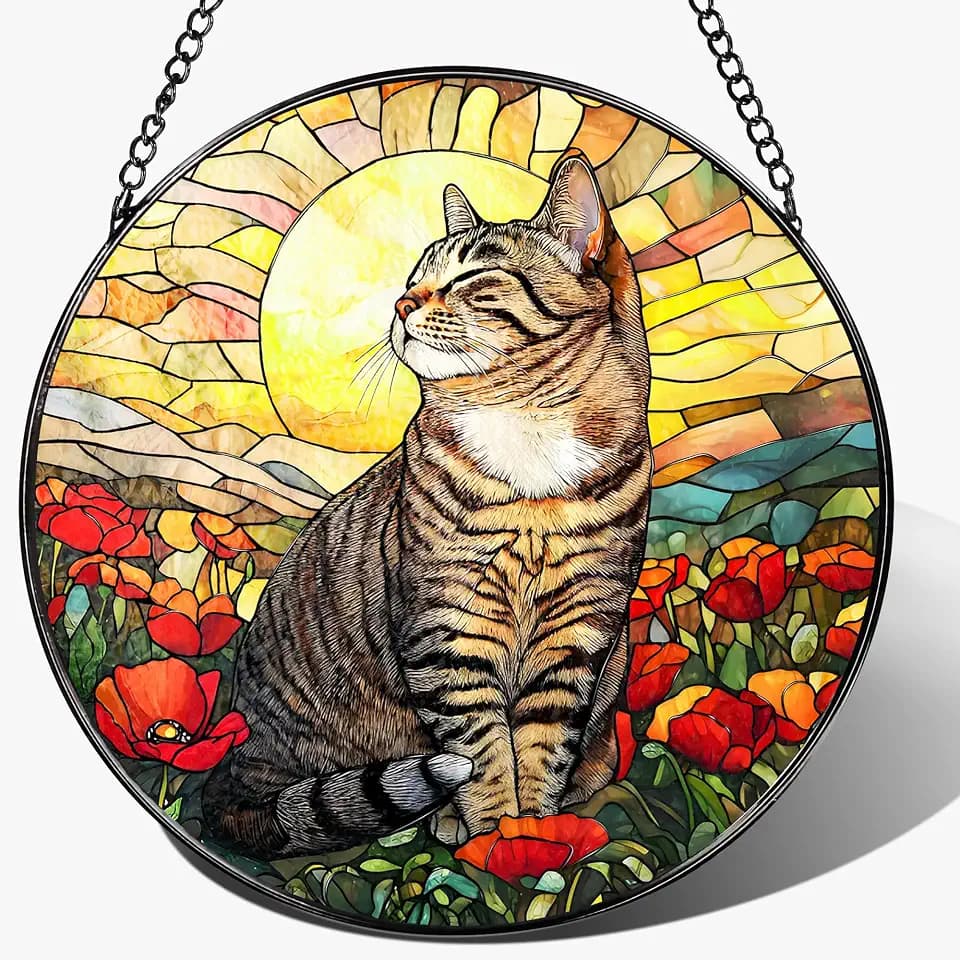 Stained Glass Window Hanging, 8 Inch Cat Stained Glass Ornament, Suncatchers for Windows Hanging, Suncatcher Decorations for Windows, Window Decor, Gifts for Cat Lovers